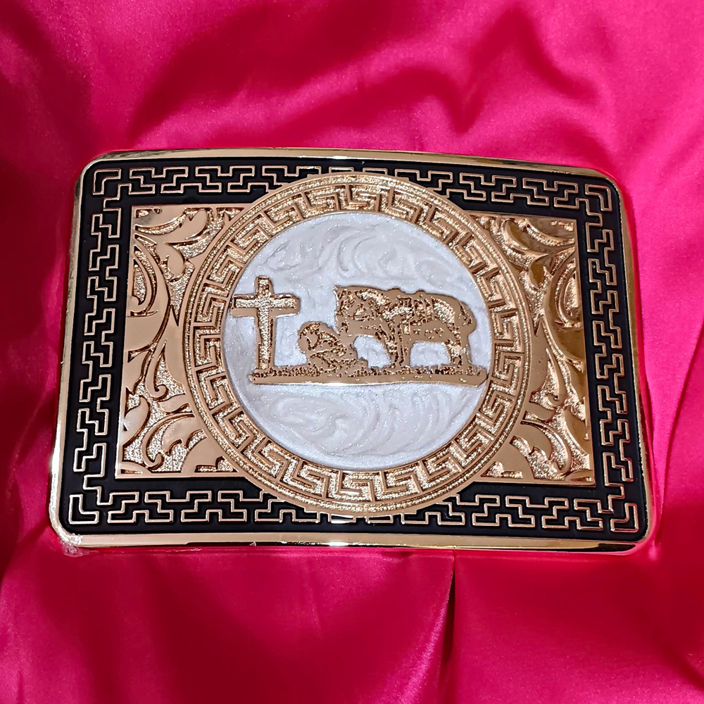 Praying Cowboy Western belt buckle Rectangular Rosetone Black Silver religious